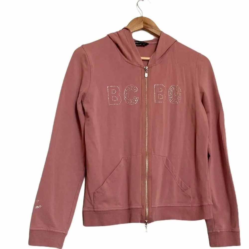 BCBG MAXAZRIA Zip Up Rhinestone Hoodie Pink L